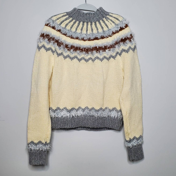 LOU & GREY • Irish Cream Festive Metallic Accent Fair Isle Mockneck Sweater Sz M - Picture 8 of 9